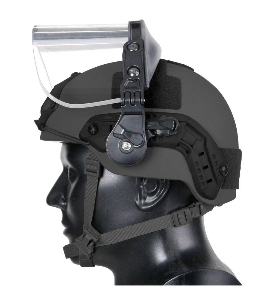 Ops-Core Multi-Hit Handgun Face Shield Flipped up and attached to helmet