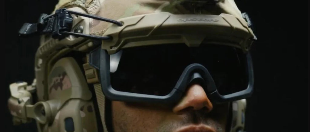 Ops-Core Step-in Visor Black Tinted on Helmet of military person