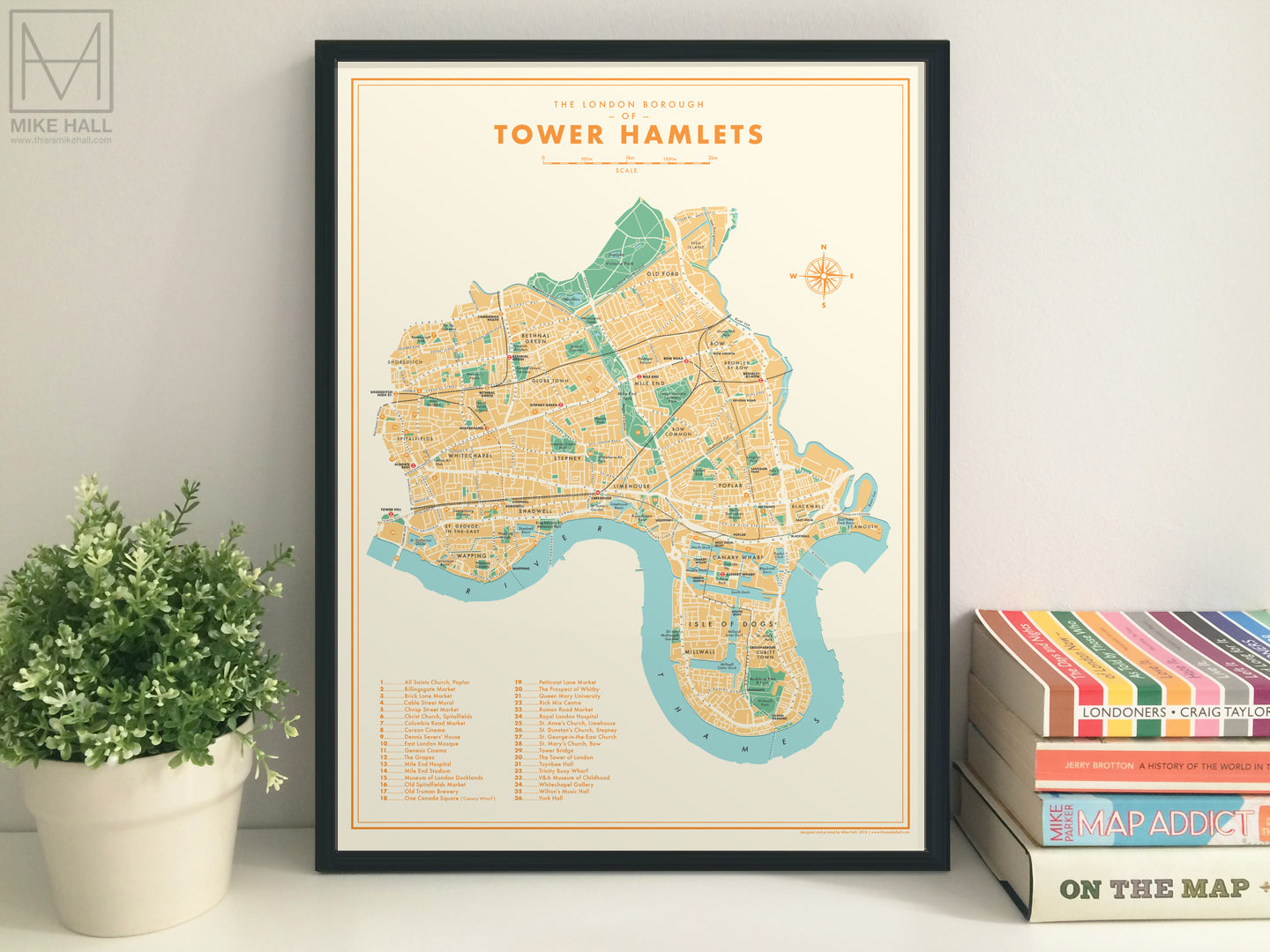 Tower Hamlets London Borough Retro Map Giclee Print Mike Hall Maps   00TowerHamlets Framed 1024x1024@2x 