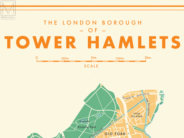 Tower Hamlets London Borough Retro Map Giclee Print Mike Hall Maps   01TowerHamlets Detail Grande 