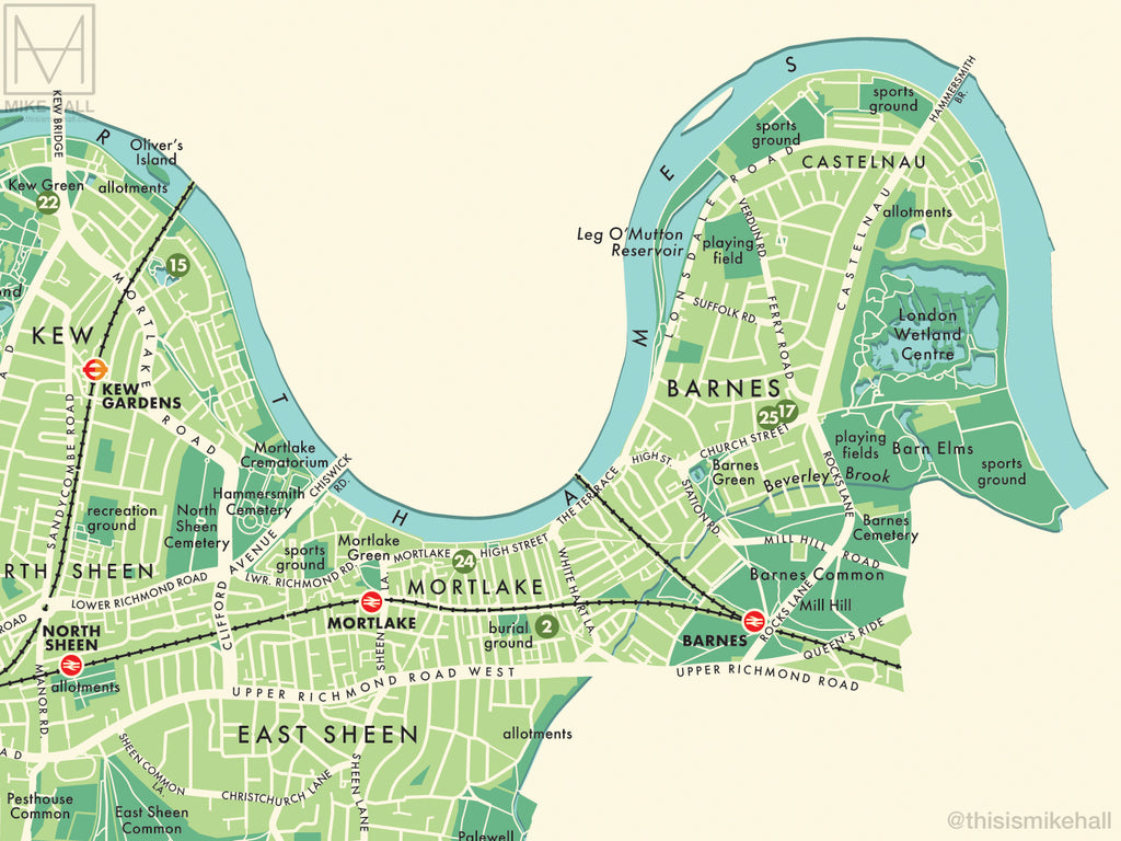 Richmond Upon Thames London Borough Retro Map Giclee Print Mike Hall Maps Illustration