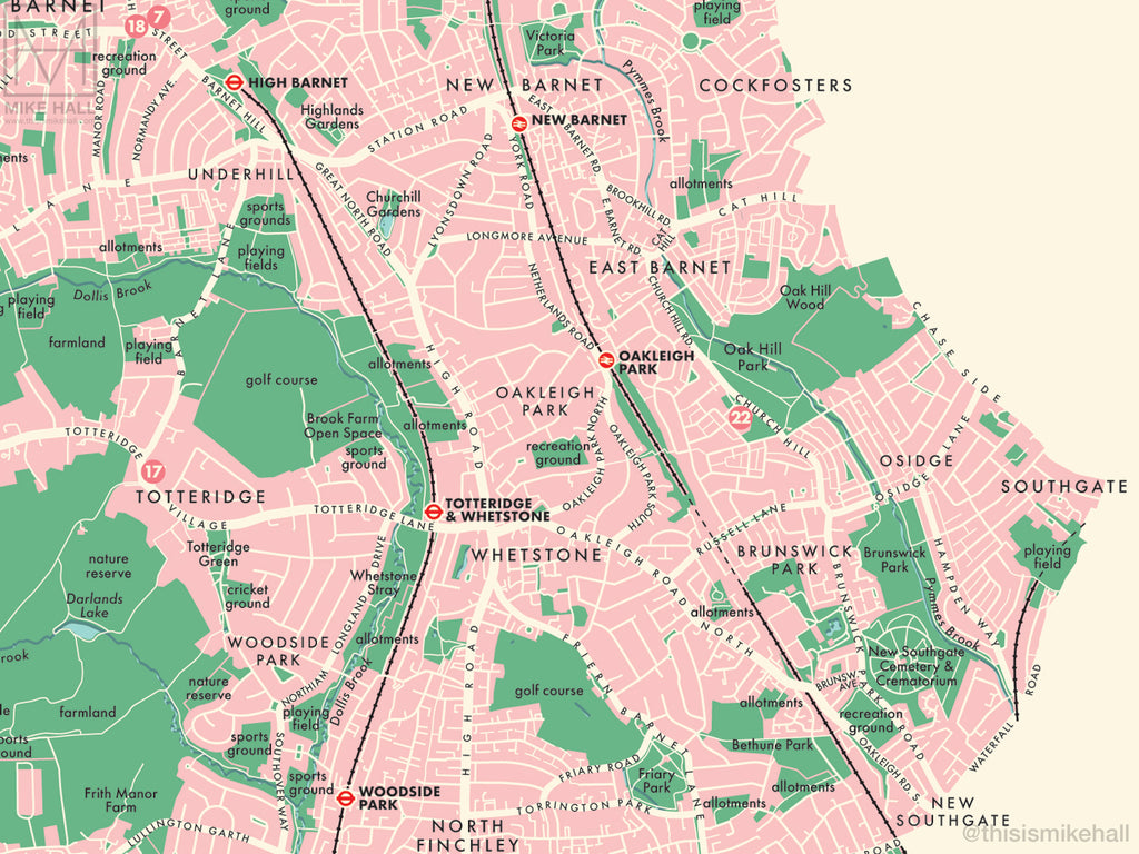 Barnet (London borough) retro map giclee print – Mike Hall Maps & illustration