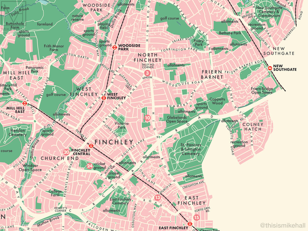 Barnet (London borough) retro map giclee print – Mike Hall Maps & illustration