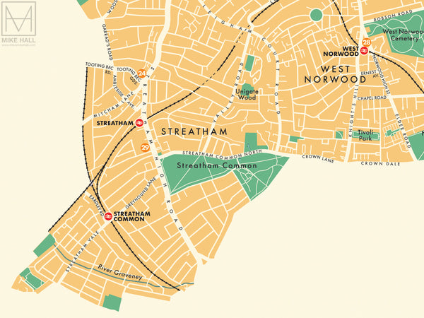 Lambeth London Borough Retro Map Giclee Print Mike Hall Maps   07Lambeth Detail Grande 