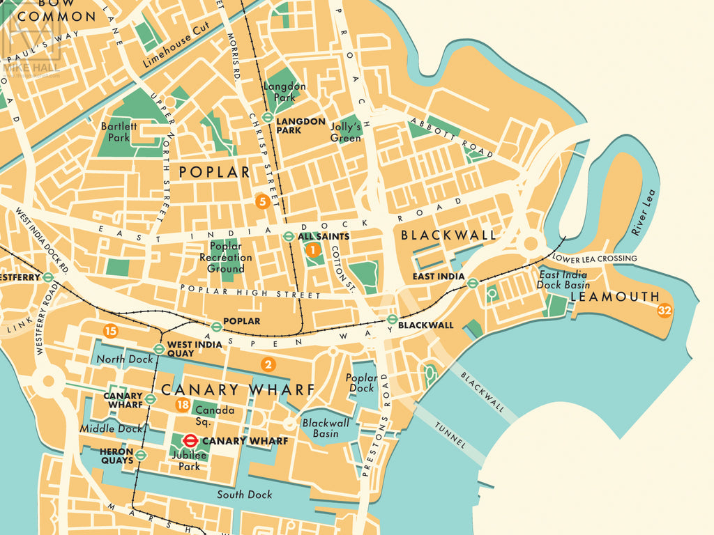 Tower Hamlets London Borough Retro Map Giclee Print Mike Hall Maps   07TowerHamlets Detail 1024x1024 