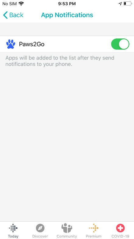 Fitbit app notification window for paws2go