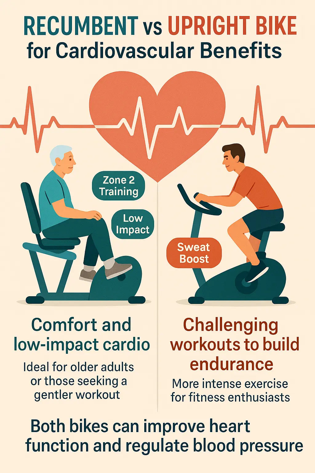 Infographic comparing recumbent and upright bikes for heart health. Recumbent bike highlights comfort and low-impact cardio for older adults, while upright bike emphasizes intense workouts and endurance. Both support heart function and blood pressure control.