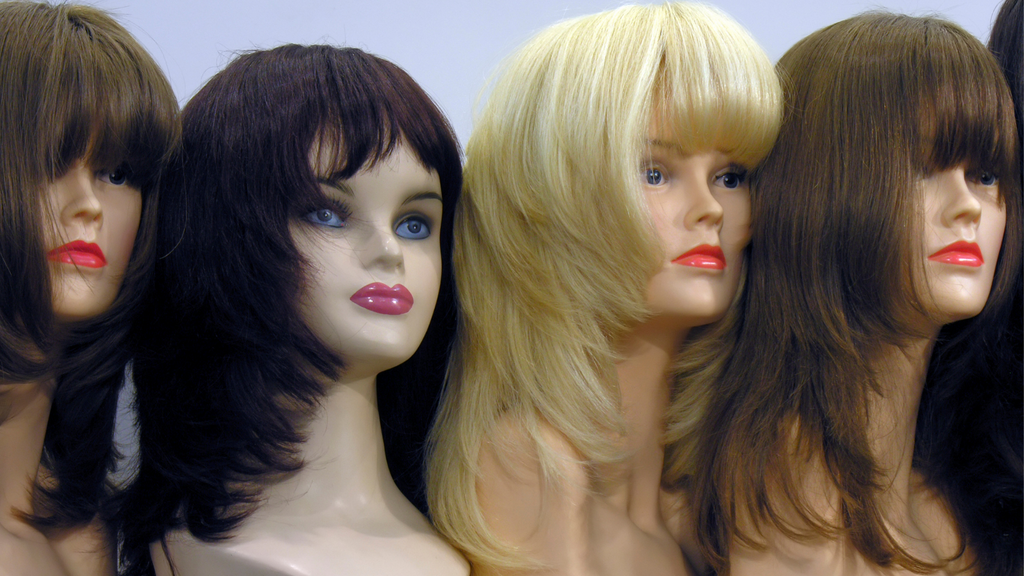 Synthetic hair wigs on head mannequins | Chavie Russell Wigs