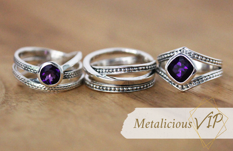 Three silver and purple amethyst rings with a banner that says metalicious VIP