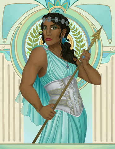 Illustration of Athena in a flowing mint green robe