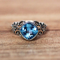 Fretwork Ring, Swiss Blue Topaz