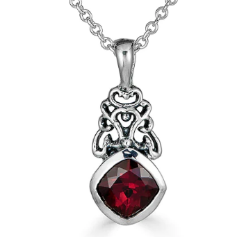 silver pendant with swirly bail and square cushion red garnet