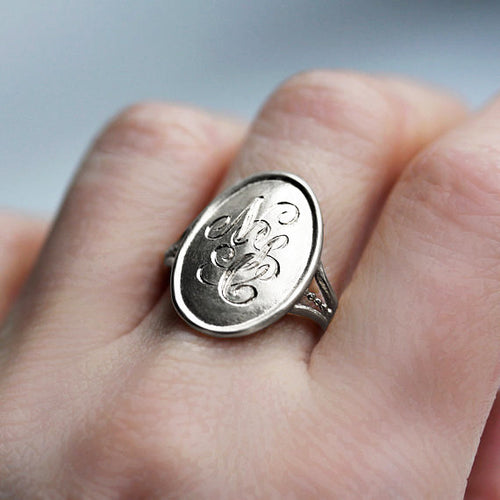 14K White Gold Carved Monogram Ring