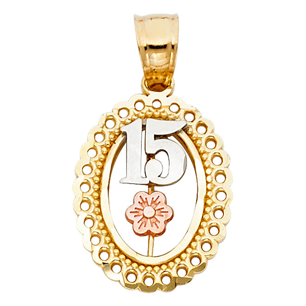 14K Gold Sweet 15 Years Quinceanera Virgin Mary Round Charm