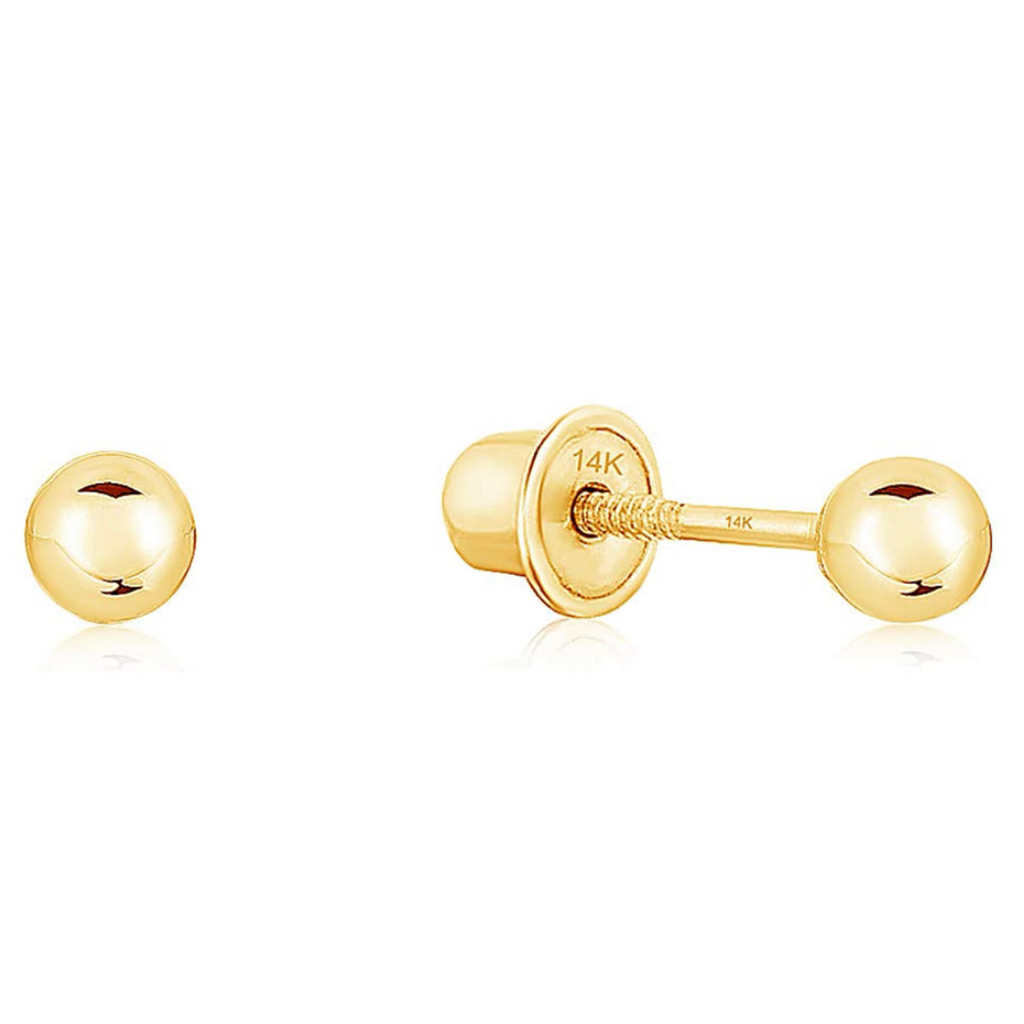 14K Yellow Gold Ball Stud Earrings, Silicone Covered Gold Push