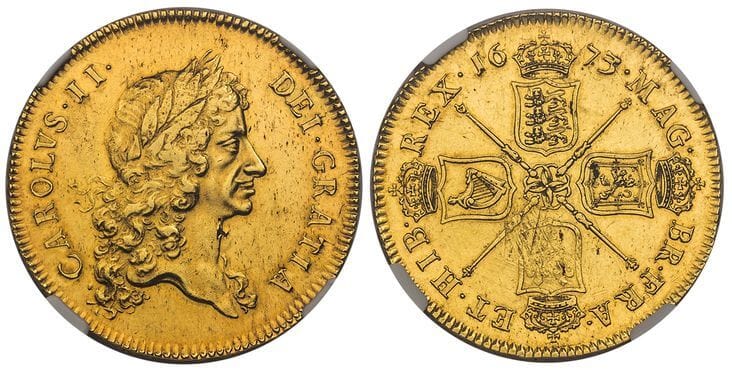 イギリス チャールズ2世 ５ギニー金貨 1673年 Ngc Au58 アンティークコインギャラリア