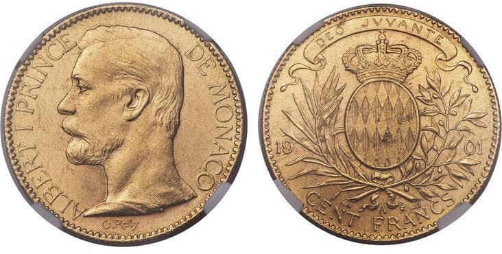 モナコ アルベール1世 100フラン 金貨 1901年 Ngc Ms64 アンティークコインギャラリア