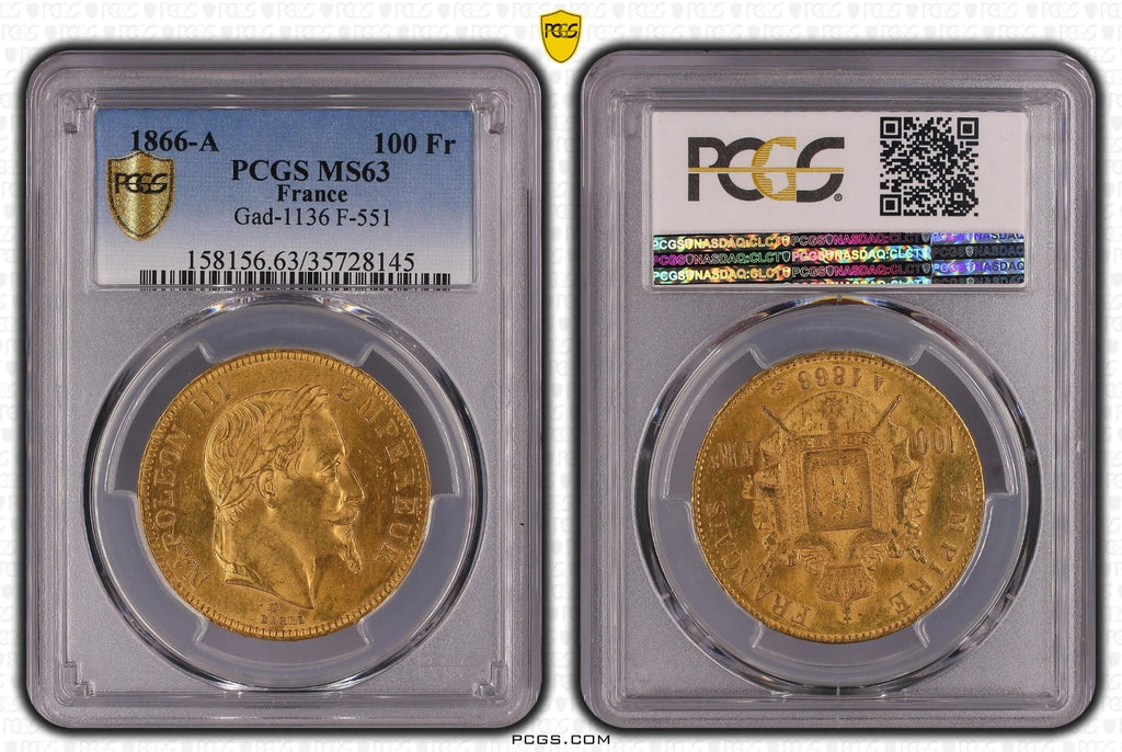 1866年A フランス ナポレオン3世（有冠） 100フラン金貨 PCGS MS63