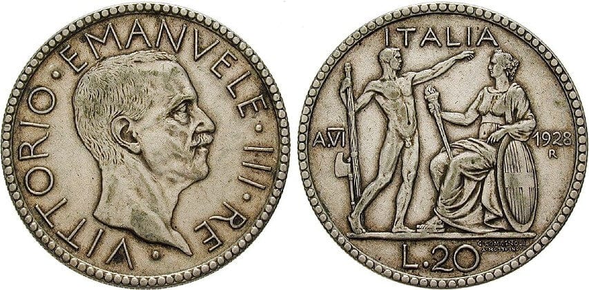 イタリア ヴィットーリオ エマヌエーレ3世 1928年 リラ 銀貨 美品 アンティークコインギャラリア