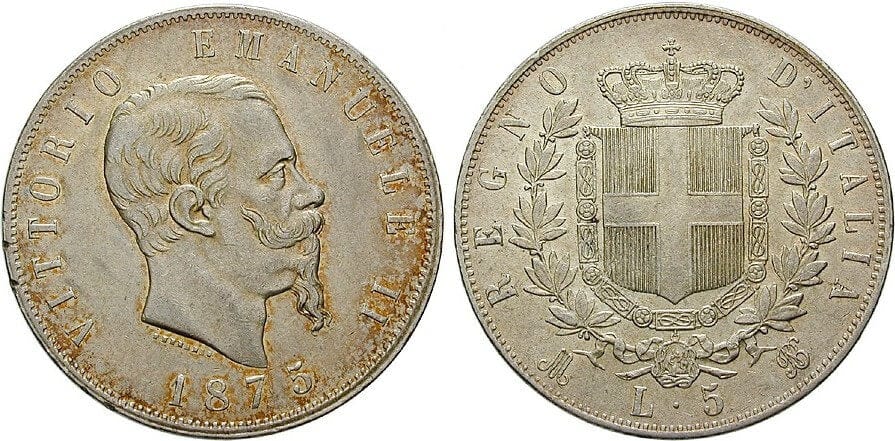 1875 イタリア ヴィットリオ・エマヌエーレ2世 1875年 5リラ コイン