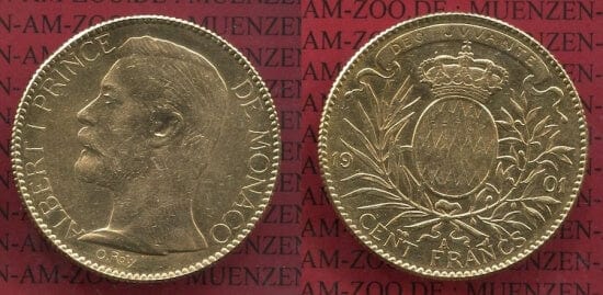 モナコ大公 アルベール1世 100フラン 金貨 1901年 極美品 アンティークコインギャラリア
