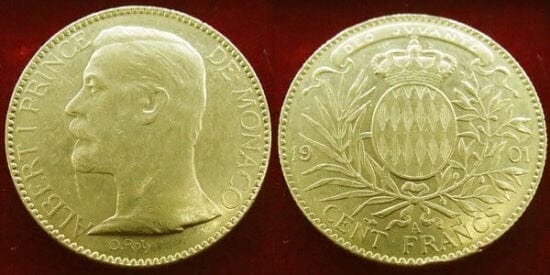 モナコ大公 アルベール1世 100フラン 金貨 1901年 美品 アンティークコインギャラリア