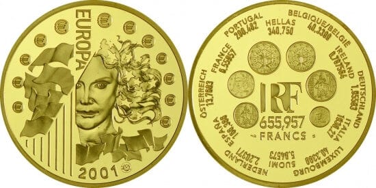 フランス ヨーロッパ通貨統合記念コイン フラン 金貨 01年 プルーフ アンティークコインギャラリア
