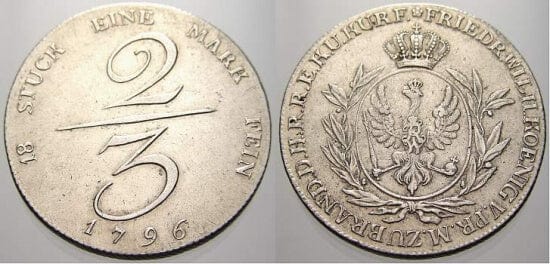 神聖ローマ帝国 ブランデンブルク プロイセン フリードリヒ ヴィルヘルム2世 1796年 2 3ターラー 硬貨 美品 アンティークコインギャラリア