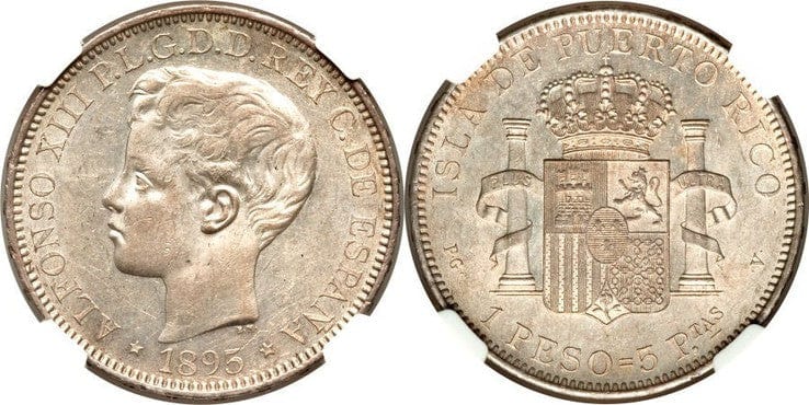 色移り有り 『NGC AU DETAILS』プエルトリコ1ペソ銀貨（1895年