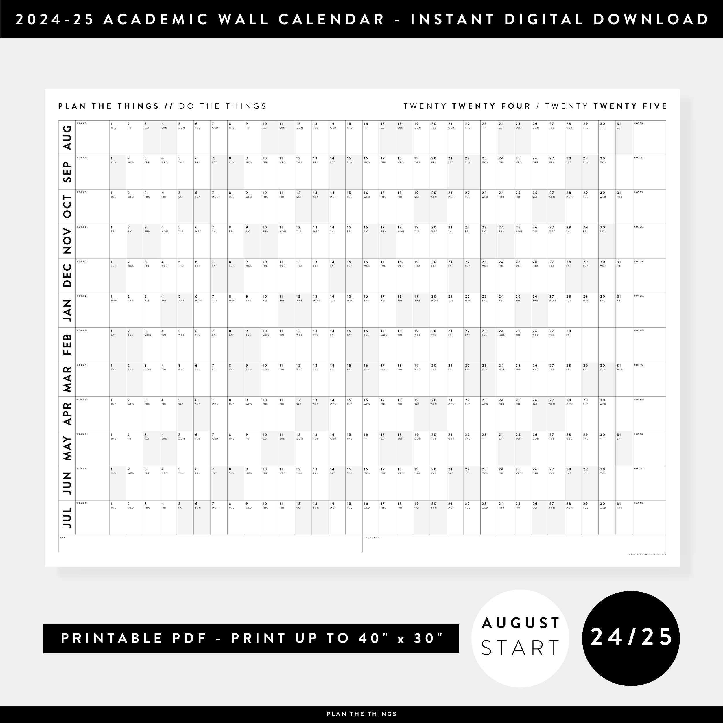 PRINTABLE 2024 - 2025 ACADEMIC WALL CALENDAR (AUGUST START) | HORIZONTAL WITH GRAY / GREY WEEKENDS - INSTANT DOWNLOAD
