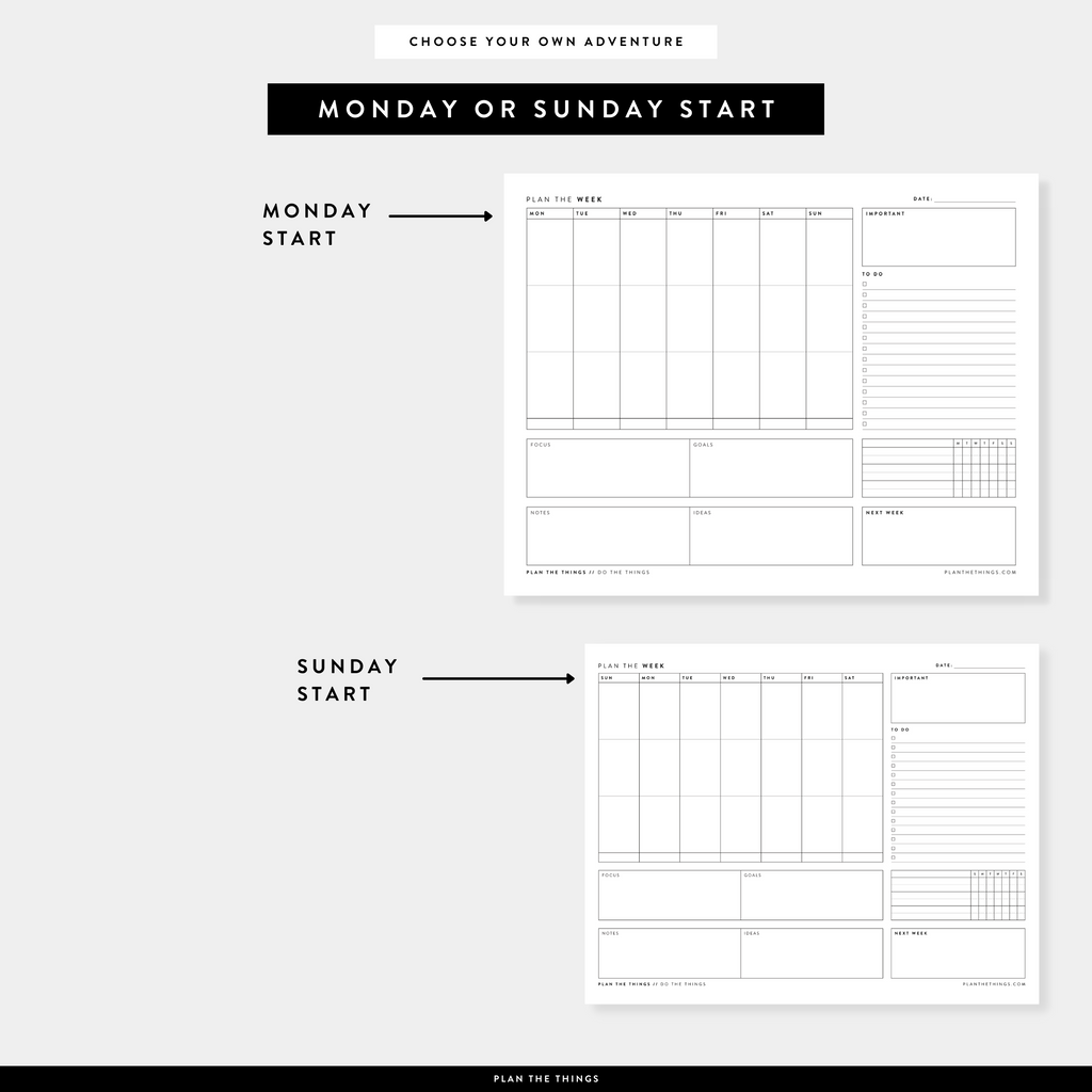 Weekly Overview Printable - Monday or Sunday start - Plan The Things