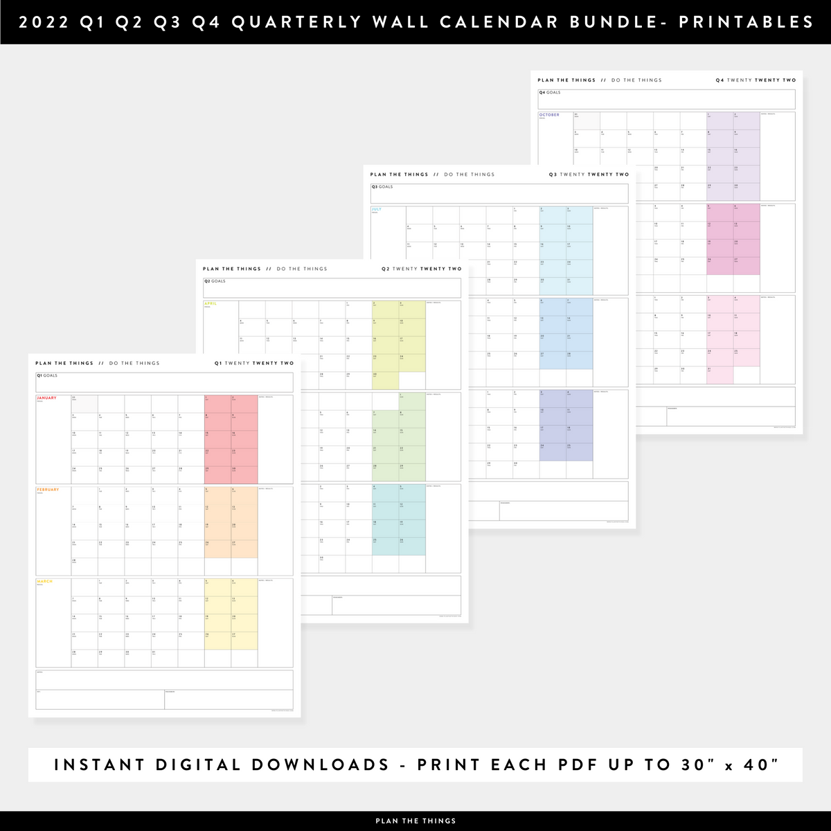 printable 2022 quarterly q1 q2 q3 q4 wall calendar bundle rai plan the things