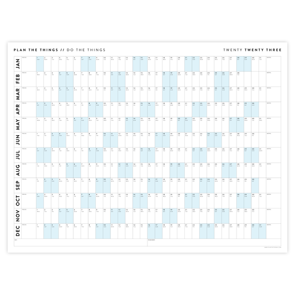 GIANT 2023 WALL CALENDAR | HORIZONTAL WITH BLUE WEEKENDS - Plan The Things