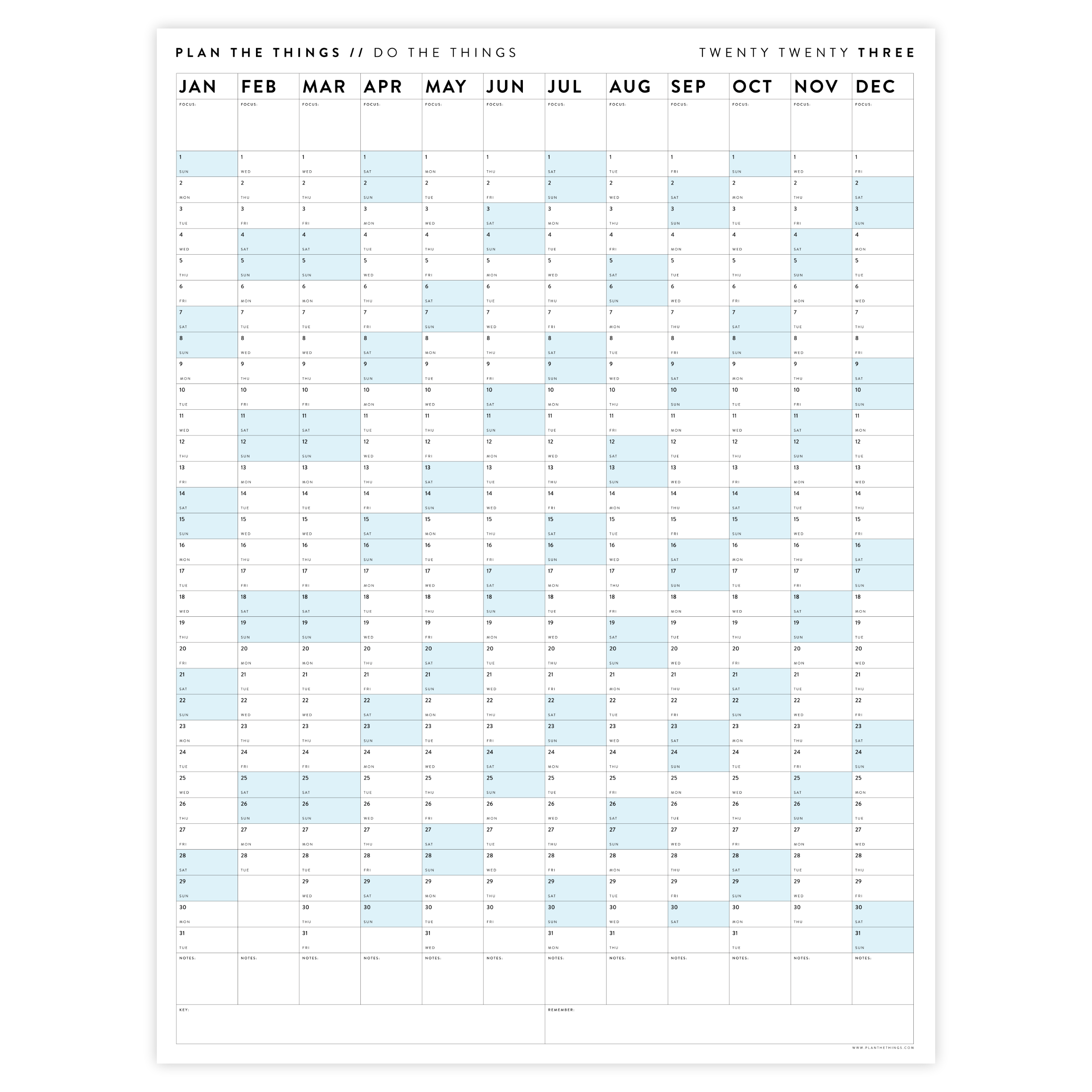 GIANT 2023 WALL CALENDAR | VERTICAL WITH BLUE WEEKENDS - Plan The Things