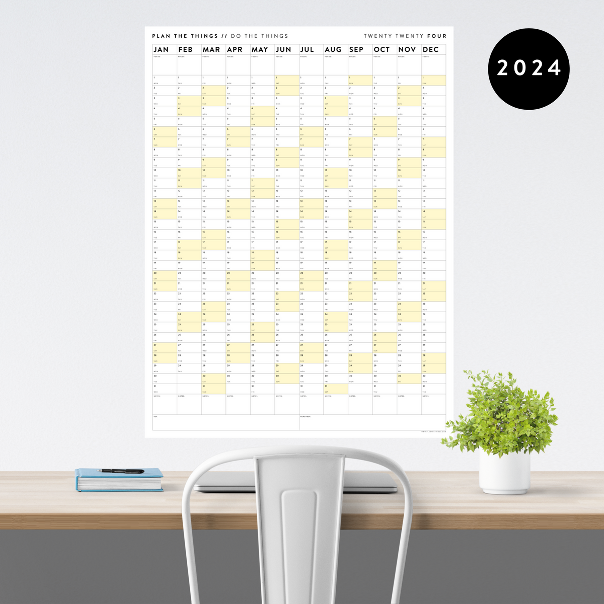 PRINTABLE VERTICAL 2024 WALL CALENDAR WITH YELLOW WEEKENDS - INSTANT D