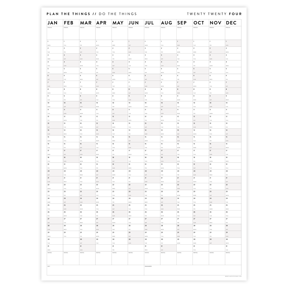 PRINTABLE VERTICAL 2024 WALL CALENDAR WITH GRAY WEEKENDS INSTANT DOW