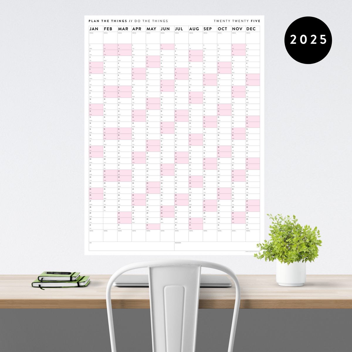 GIANT 2025 ANNUAL WALL CALENDAR VERTICAL WITH PINK WEEKENDS Plan