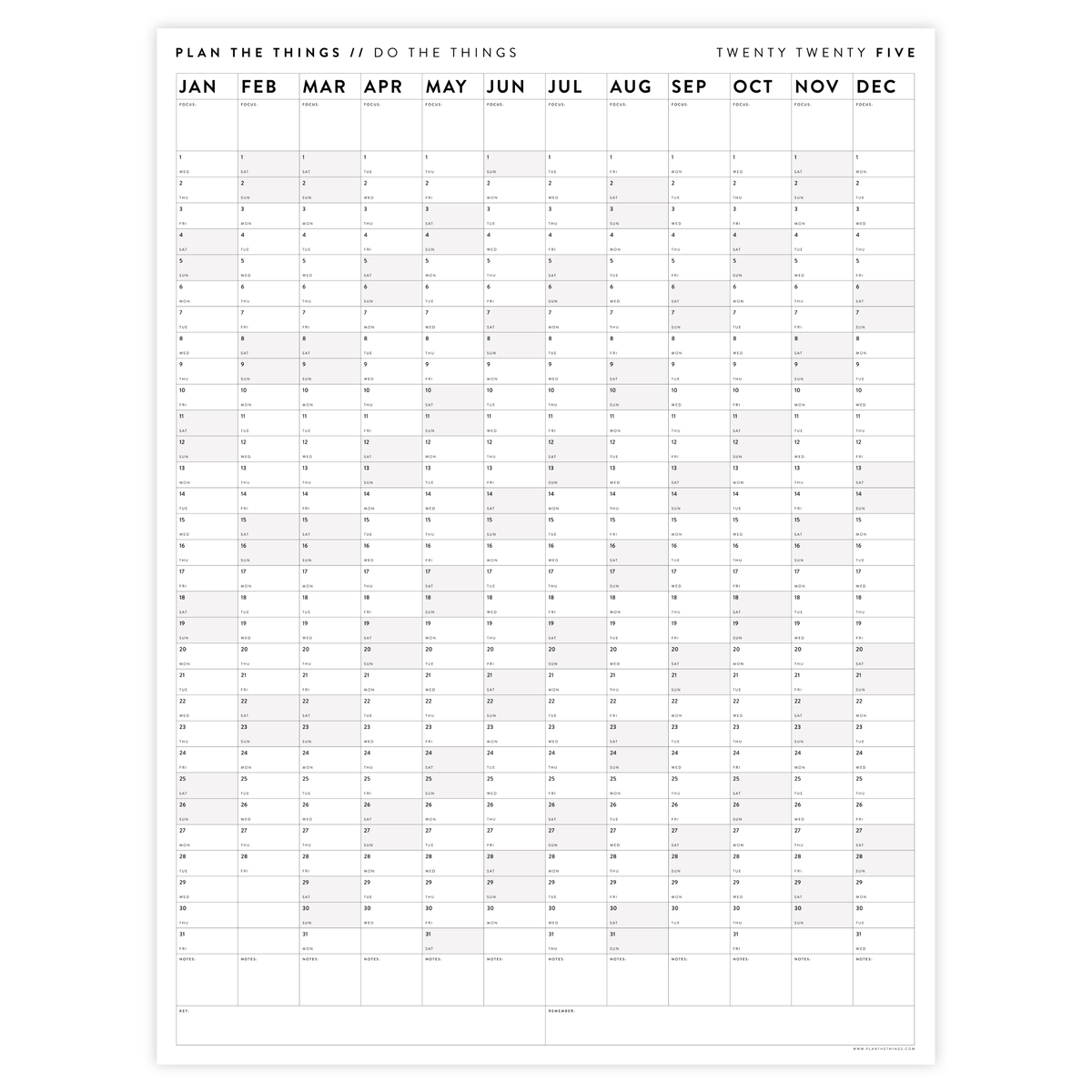 GIANT 2025 ANNUAL WALL CALENDAR VERTICAL WITH GRAY / GREY WEEKENDS