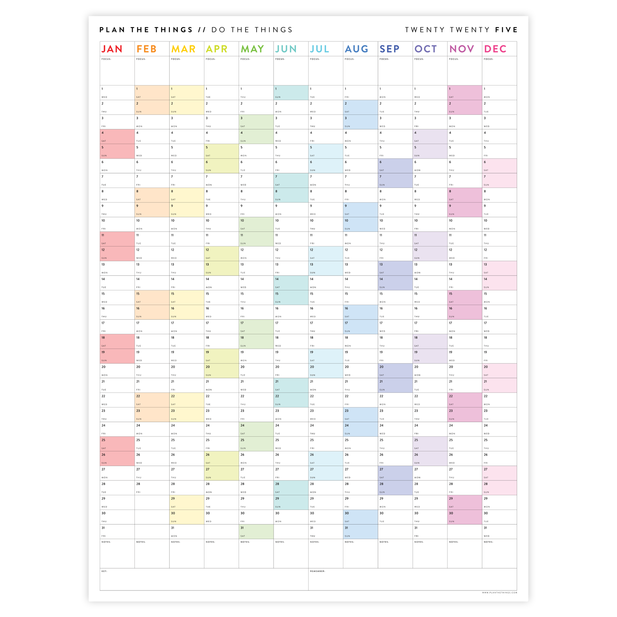 GIANT 2025 ANNUAL WALL CALENDAR VERTICAL WITH RAINBOW WEEKENDS Plan