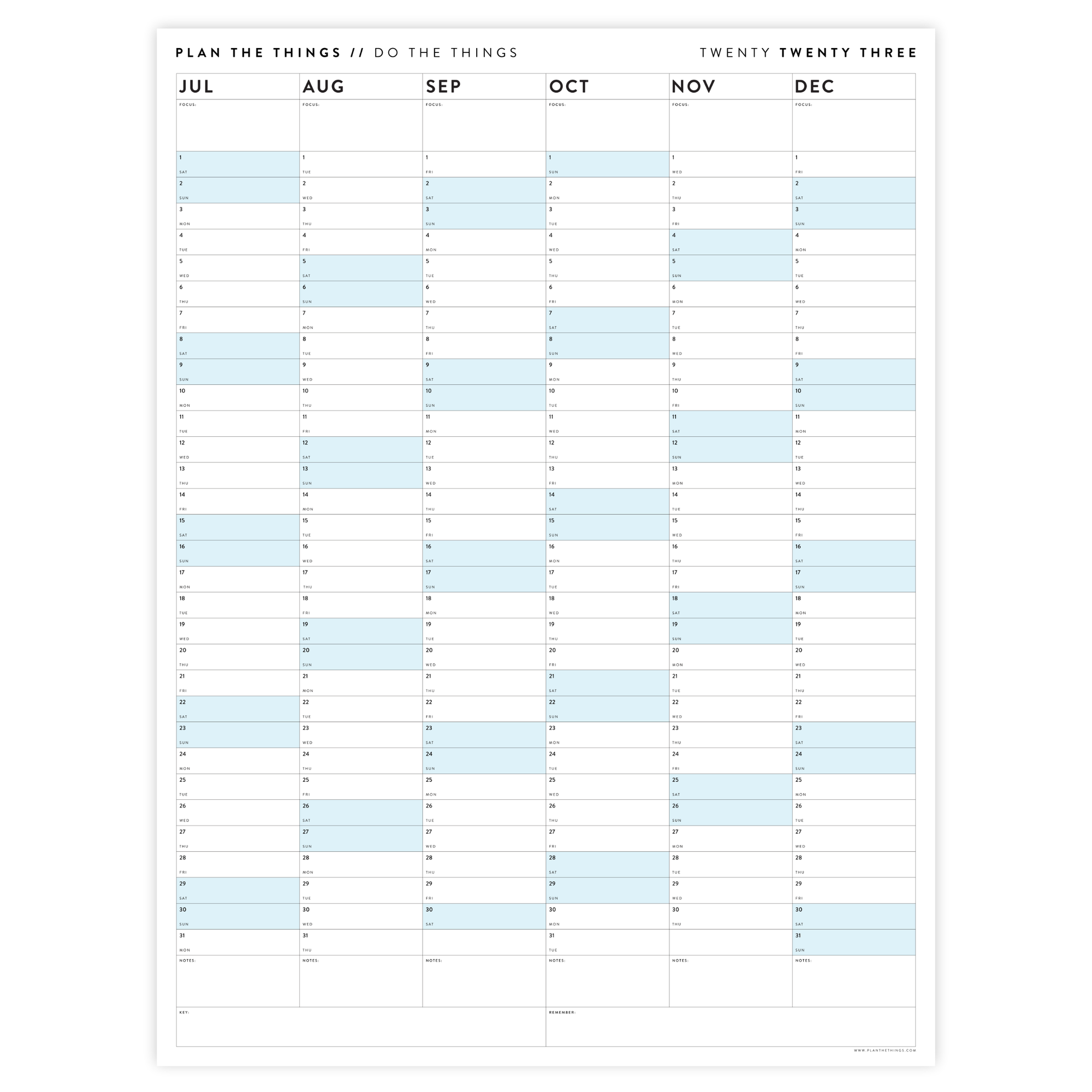 SIX MONTH 2023 GIANT WALL CALENDAR (JULY TO DECEMBER) WITH BLUE WEEKEN ...