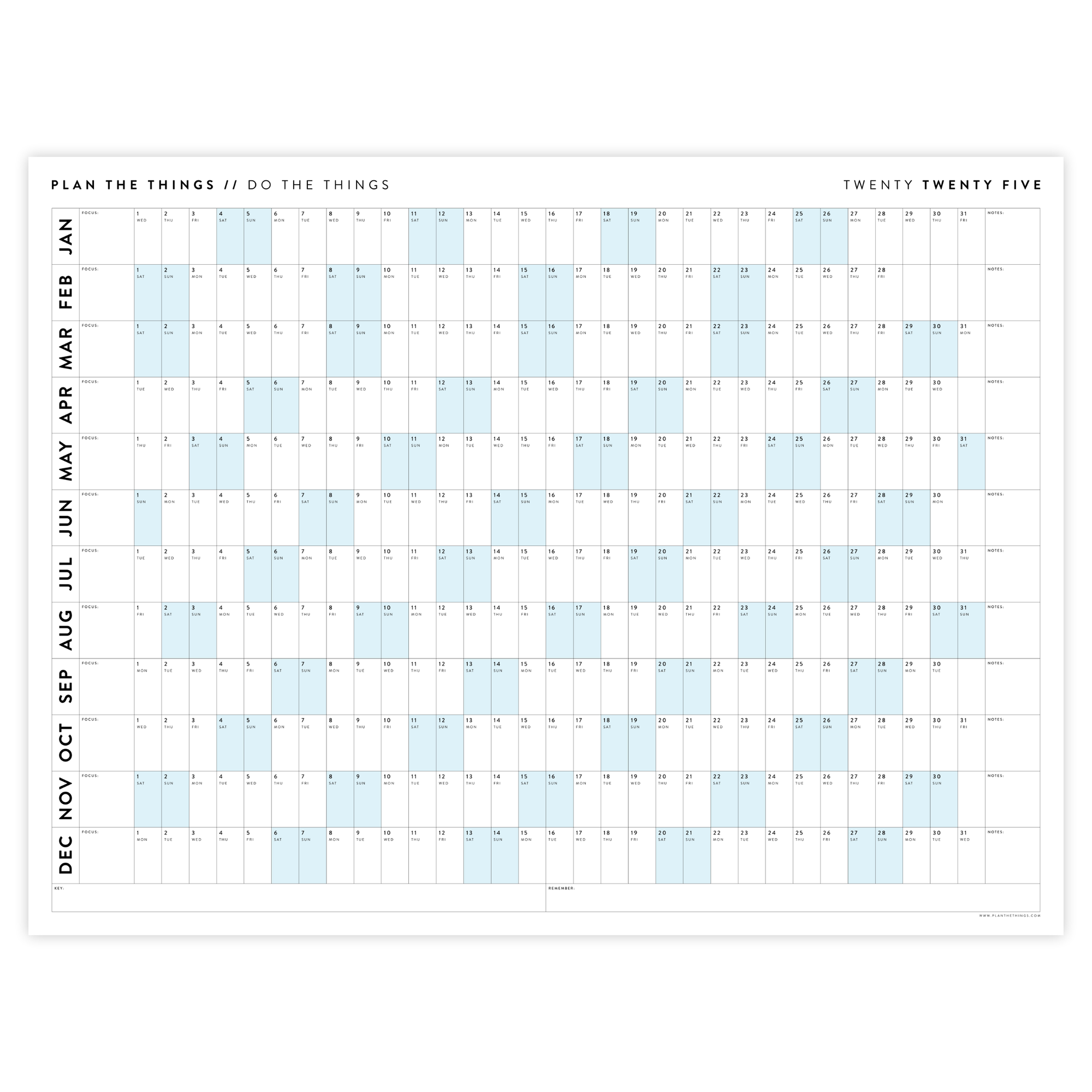 PRINTABLE 2025 HORIZONTAL WALL CALENDAR WITH BLUE WEEKENDS INSTANT D