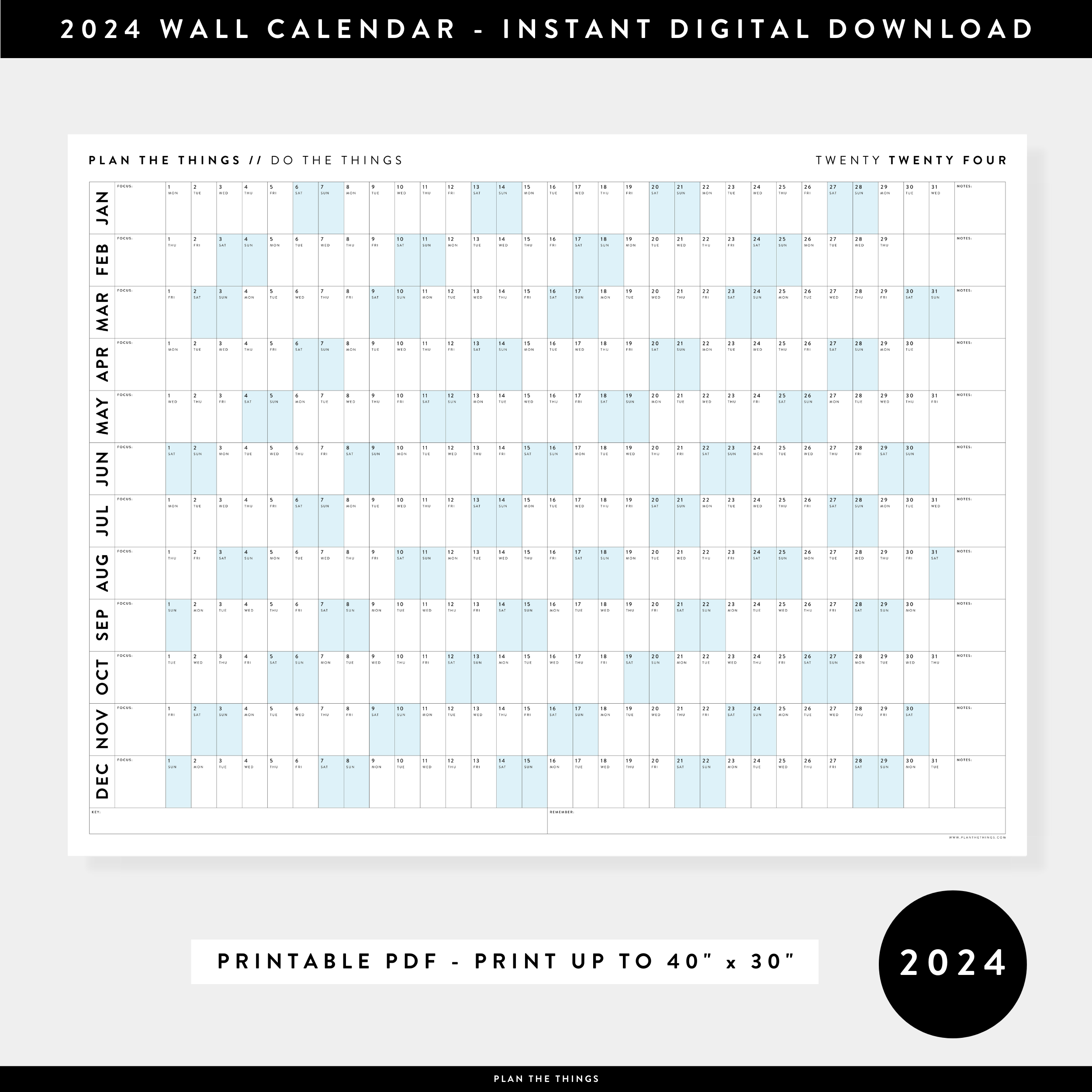 PRINTABLE 2024 ANNUAL CALENDARS INSTANT DOWNLOAD Plan The Things   BLUEHORIZONTAL 2024ANNUALWALLCALENDAR DIGITALDOWNLOAD PLANTHETHINGS 2500x 