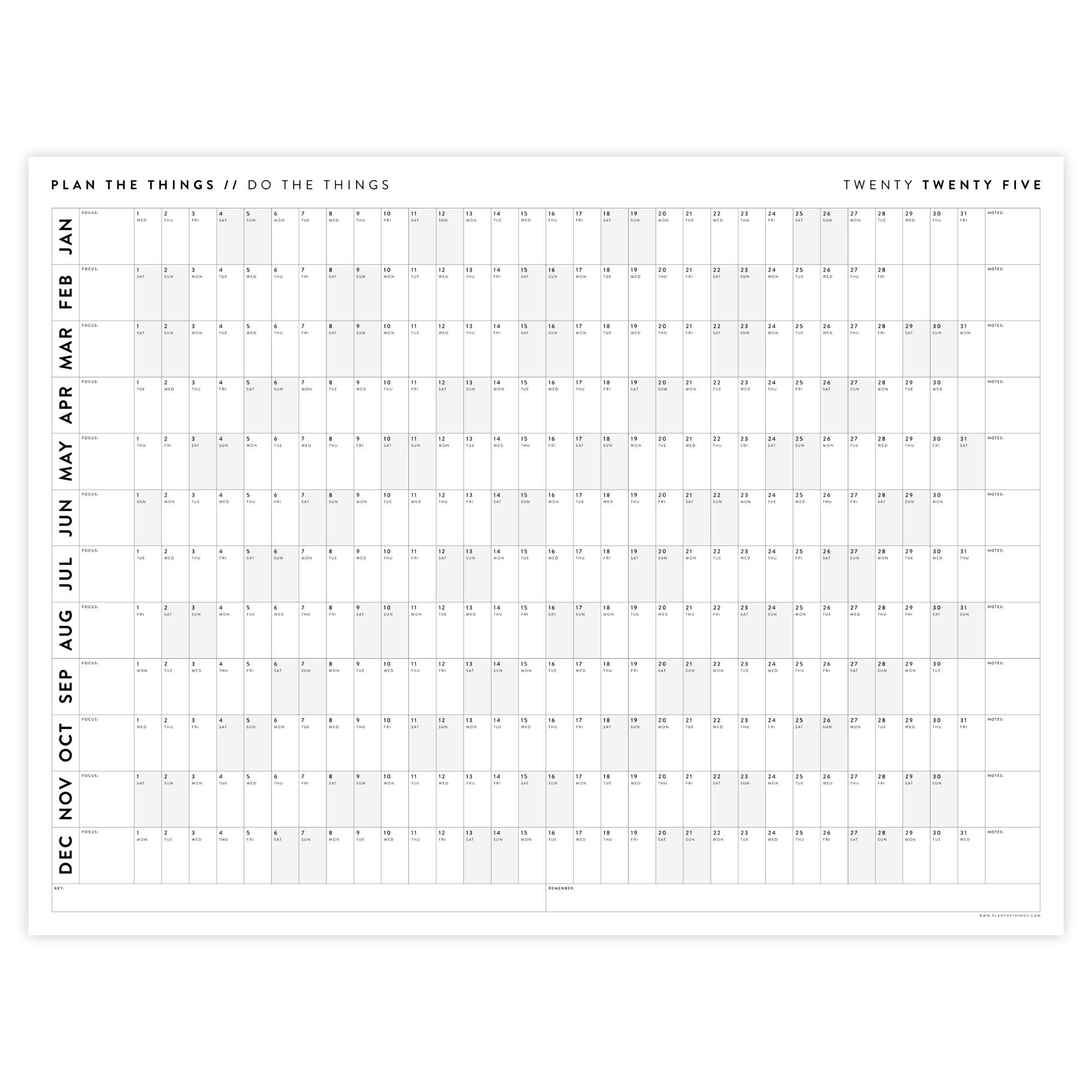 PRINTABLE 2025 HORIZONTAL WALL CALENDAR WITH GRAY / GREY WEEKENDS IN