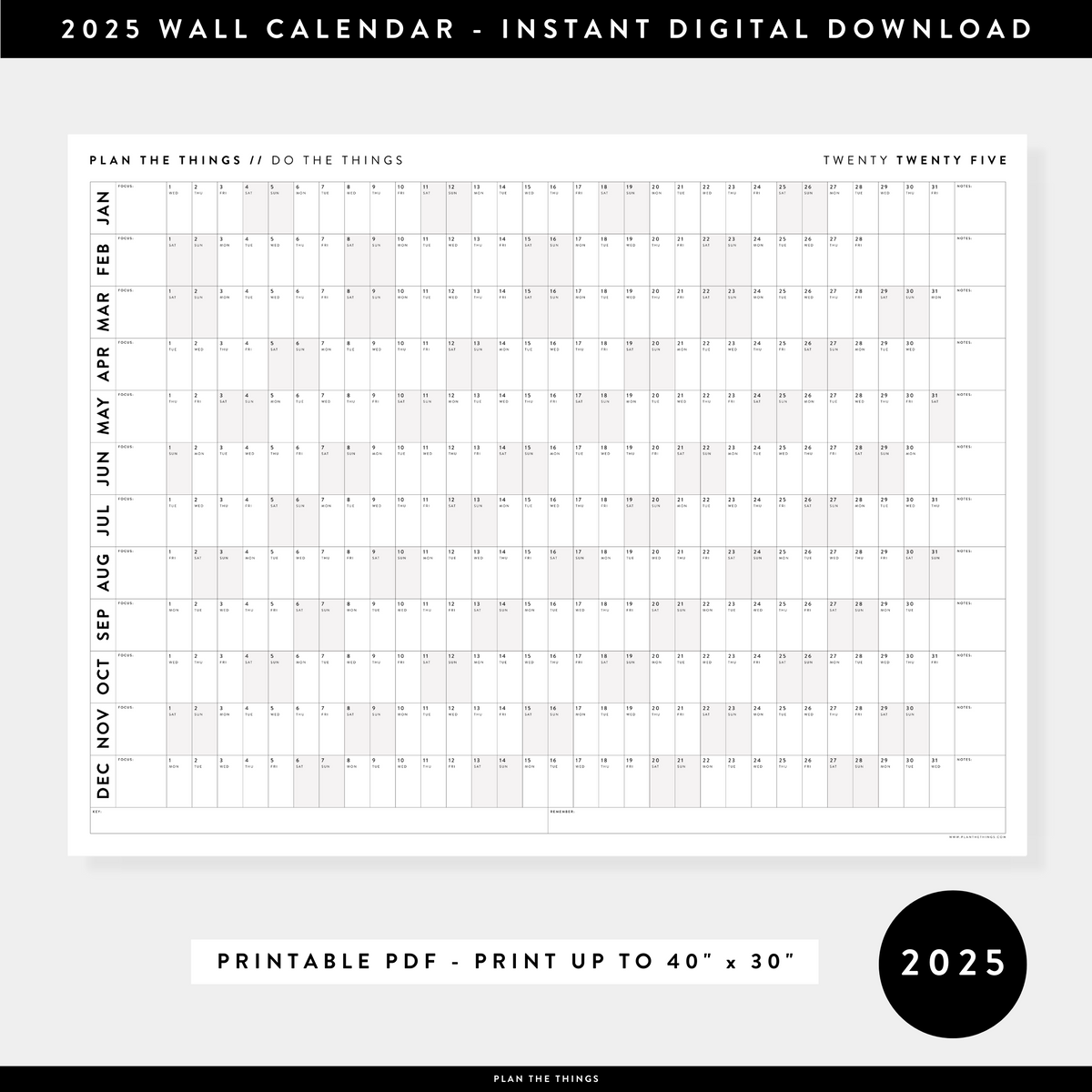 PRINTABLE 2025 HORIZONTAL WALL CALENDAR WITH GRAY / GREY WEEKENDS IN