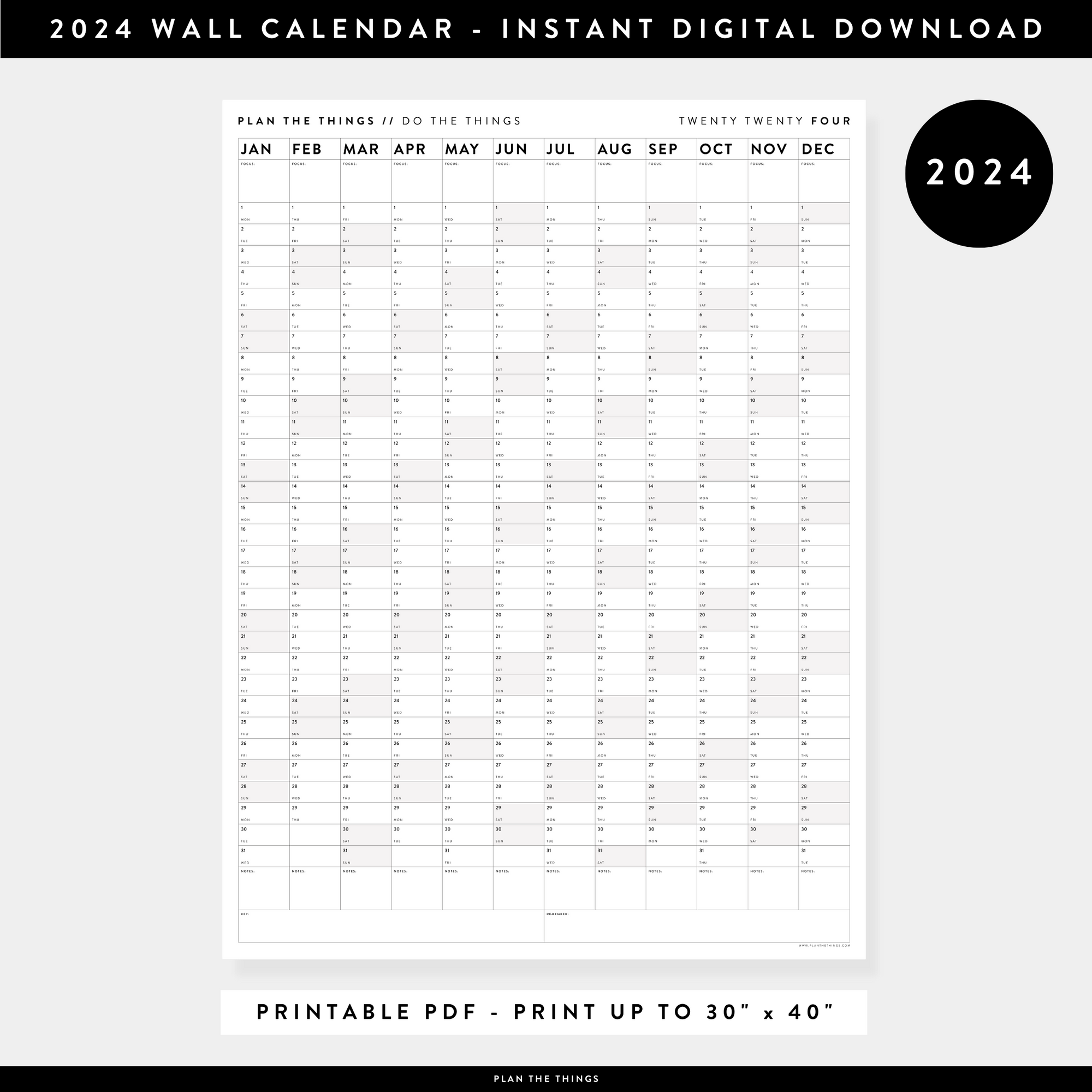 PRINTABLE VERTICAL 2024 WALL CALENDAR WITH GRAY WEEKENDS INSTANT DOW