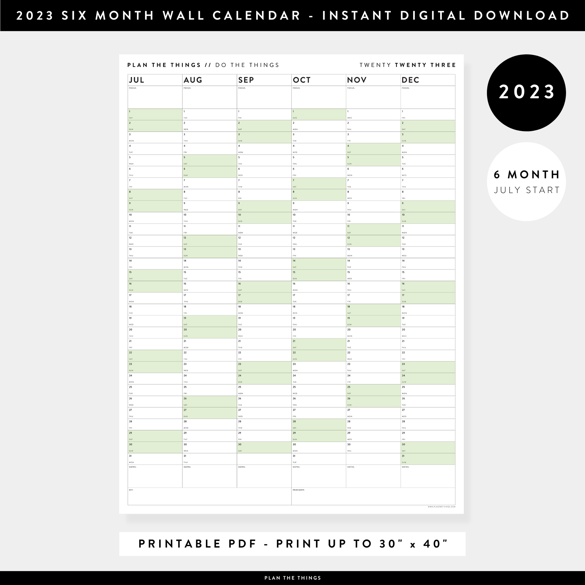 PRINTABLE SIX MONTH 2023 WALL CALENDAR (JULY TO DECEMBER) WITH GREEN W