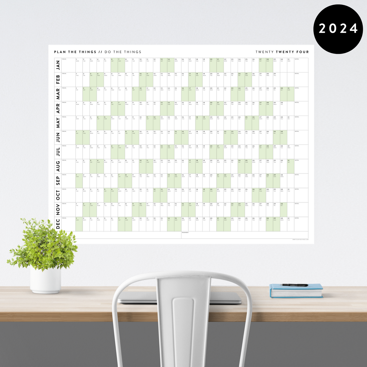 PRINTABLE HORIZONTAL 2024 WALL CALENDAR WITH GREEN WEEKENDS INSTANT
