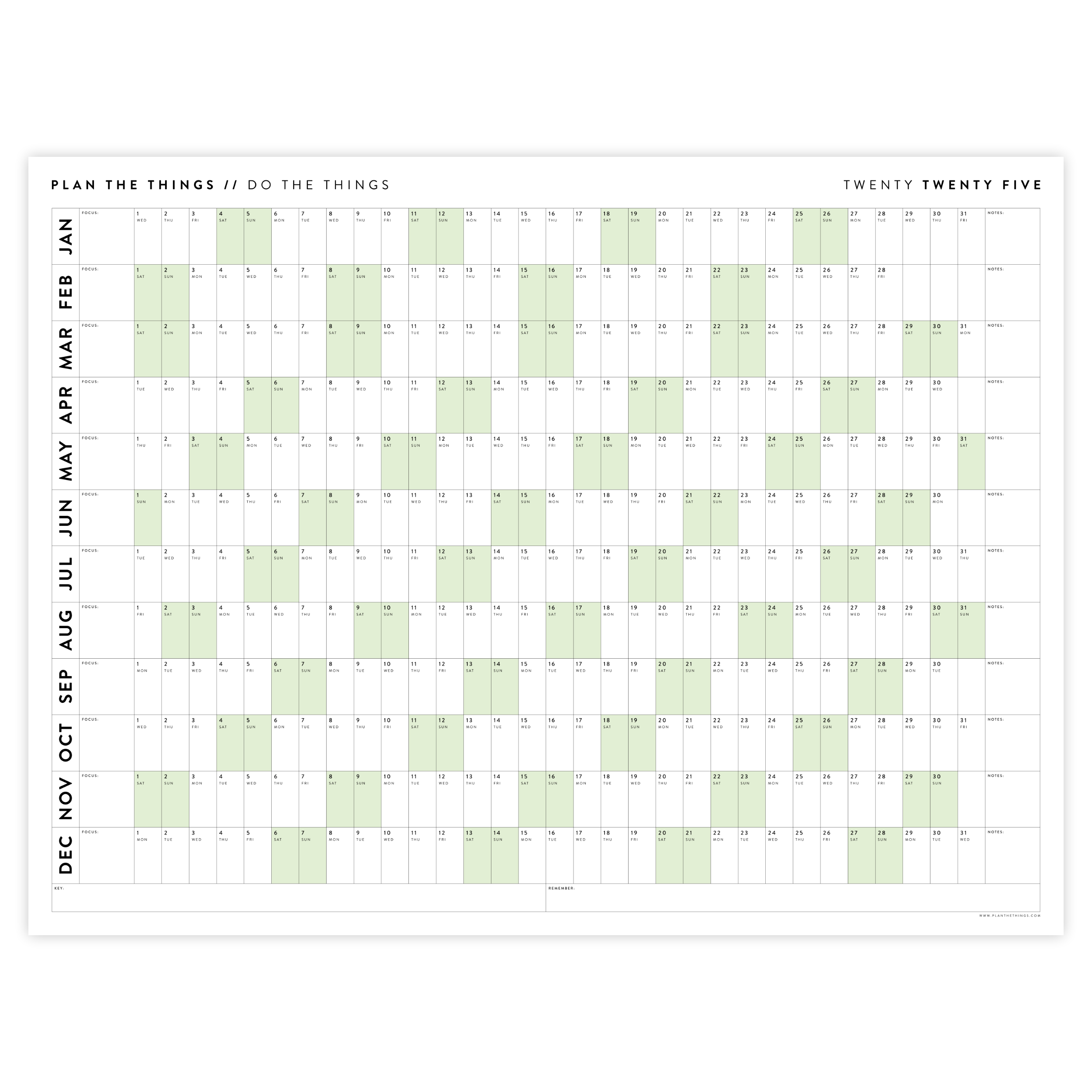 PRINTABLE 2025 HORIZONTAL WALL CALENDAR WITH GREEN WEEKENDS INSTANT