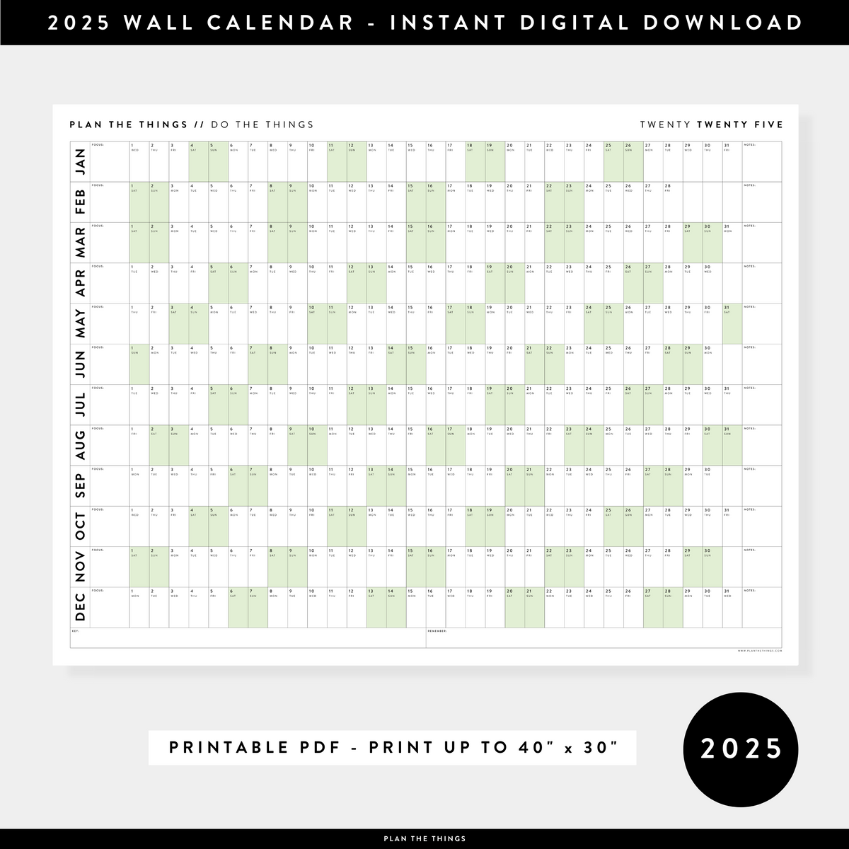 PRINTABLE 2025 HORIZONTAL WALL CALENDAR WITH GREEN WEEKENDS INSTANT