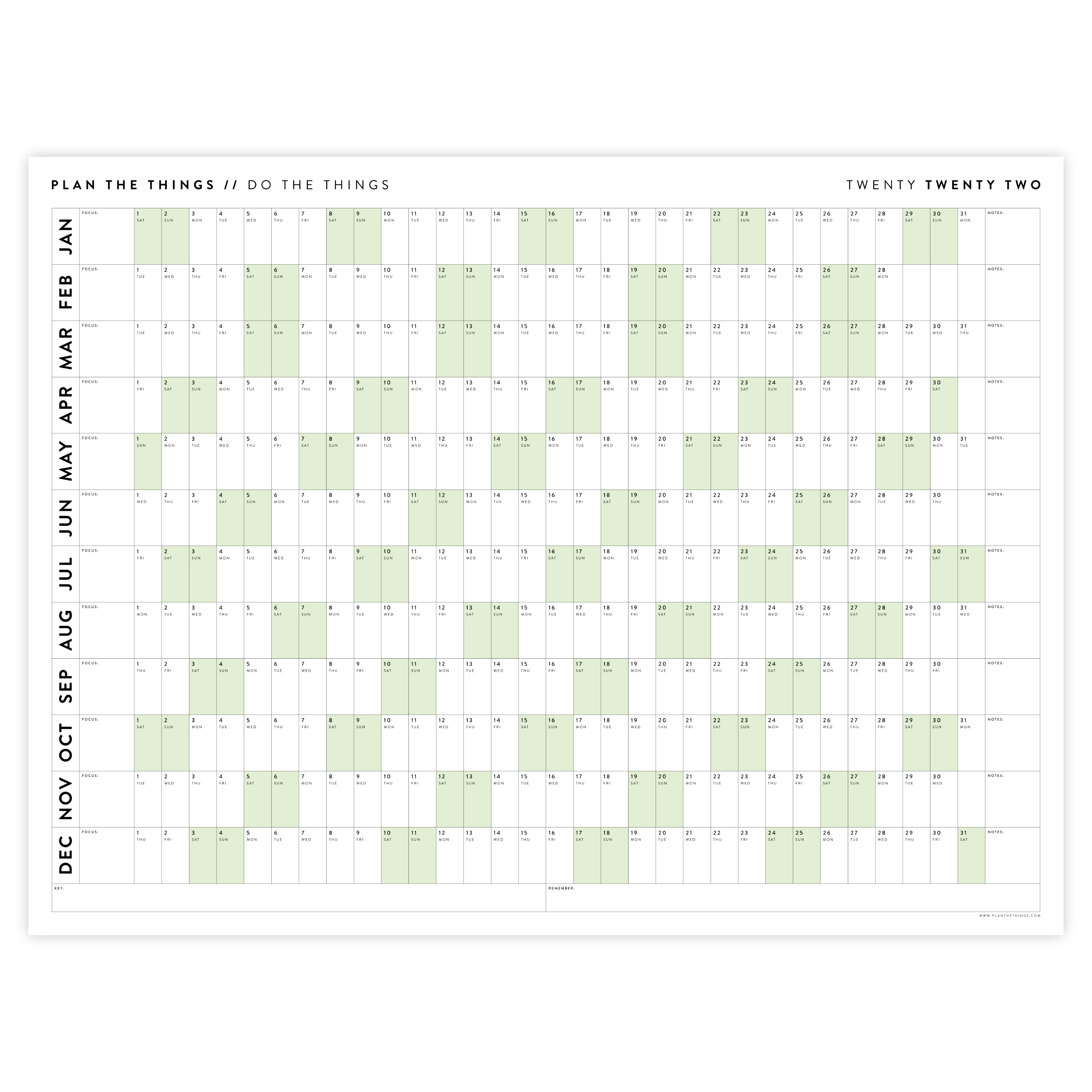 Horizontal 2022 Wall Calendar With Green Weekends Plan The Things